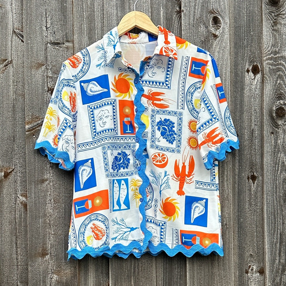 Contrast Sleeve Nautical Print Shirt EUC - Picture 6 of 8